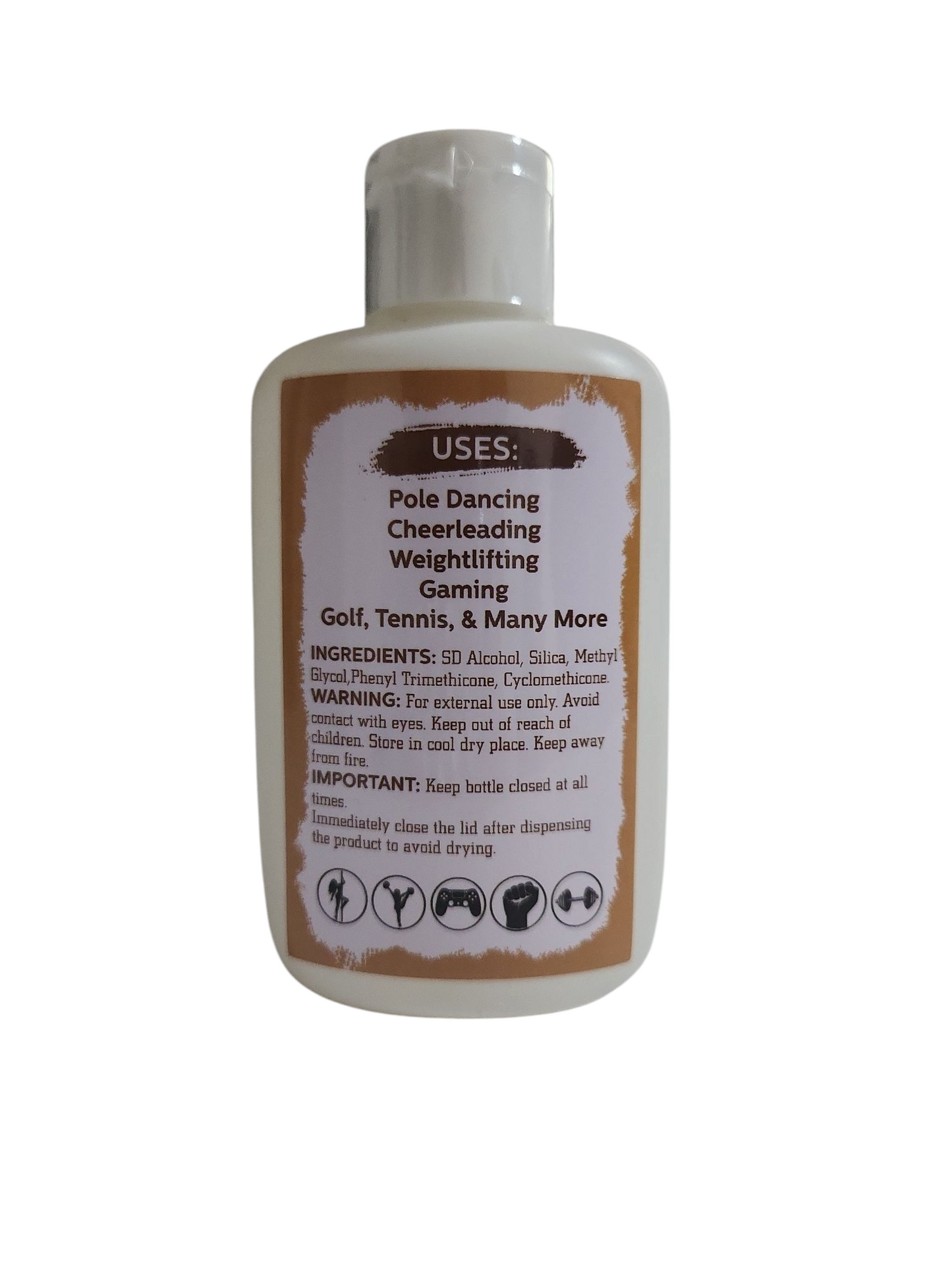 Rückseite einer Liquid Chalk Flasche – mit Anwendungshinweisen für Pole Dance, Cheerleading, Gewichtheben, Gaming, Golf, Tennis und mehr, sowie Inhaltsstoffen, Warnungen und Icons zur Nutzung