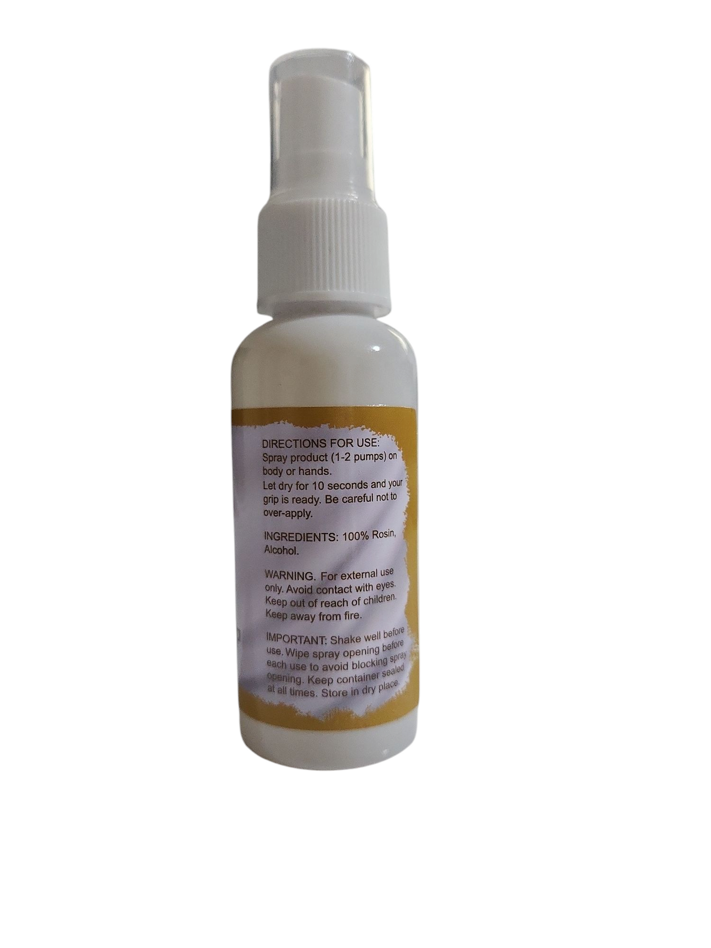 Rückseite der Fanlin Studio Body Grip Spray Flasche mit Anwendungshinweisen, Inhaltsstoffen (100 % Rosin, Alkohol) und Warnhinweisen – ideales Grip Spray für Pole Dance und Aerial Fitness